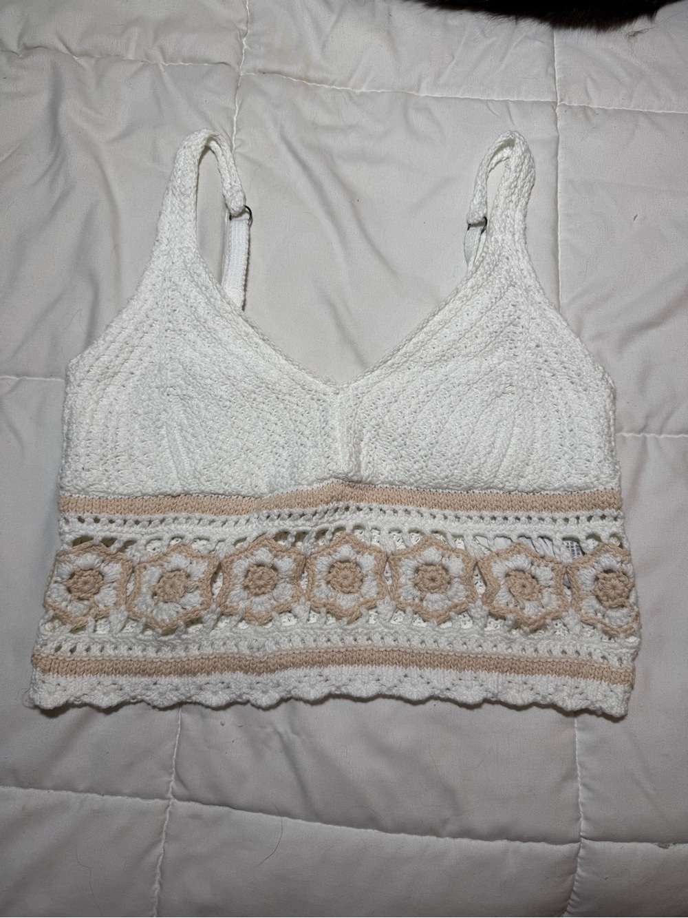 Hollister White Crochet Crop Top with Beige Floral Trim